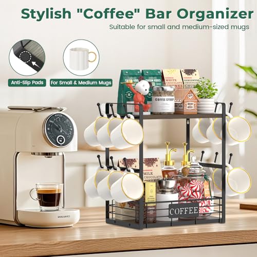 EsLuker.ly Coffee Mug Cup Holder Tree Bar Station Organizer, 2 Tier Mug Stand Rack for Countertop Kitchen, Storage Tower Display Shelf with 12 Hooks, Coffee Nook Enhancer, Brown-Black - color: Brown + Black