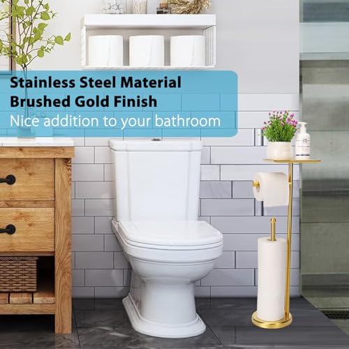 Noonext Gold Toilet Paper Holder Stand, Freestanding Toilet Paper Stand with Tray for Small Items, Toilet Paper Holder with Shelf, Storage Space for 4 Extra Toilet Paper Rolls (Gold) - color: Gold