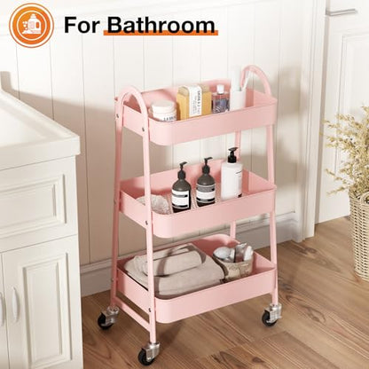 NEWBULIG 3-Tier Metal Rolling Cart with Lockable Wheels, Heavy Duty Mobile Utility Storage Shelf, Roller Book Snack Cart, Organization for Livingroom, Bathroom, Office, Pink | Mobile Organizer Shelf, Space-Saving, Freestanding, Bathroom, Living Room, Slim