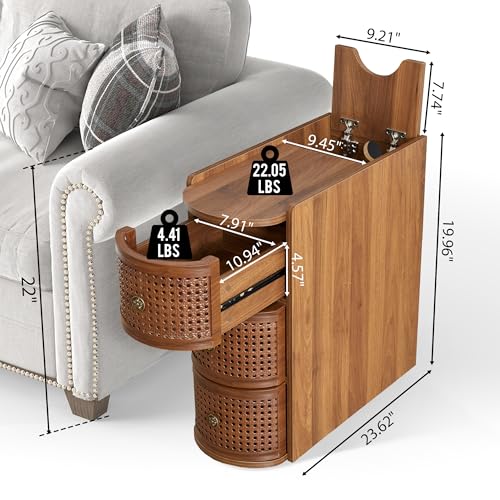 Narrow End Table Set of 2, Metal Rattan Side Table with Storage, Narrow Charging Nightstand with 3 Drawer for Bedroom Bedside, Living Room Couch Sofa, Desk Side Table for Small Spaces - Walnut - size: Drawer Walnut-set