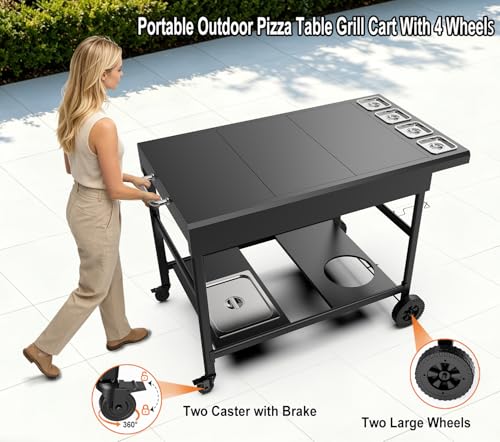 Outdoor Pizza Oven Table with Topping Station | Propane Tank Stand, Beverage Storage Tray, Seasoning Boxs, 4 Wheels, Hooks, Pizza Oven Table for Patio, Kitchen, Backyard