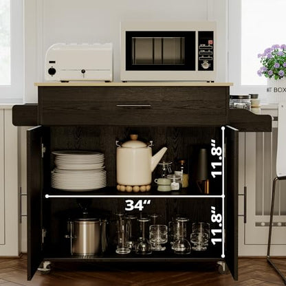 IRONCK Rolling Kitchen Island Cart with Drop-Leaf and Wine Rack, Black | Wheels, Drawers, Open Shelves, Adjustable Shelves, and Spacious Drawer Storage - color: Black
