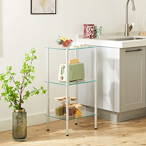 HOOBRO Glass Shelf, 3 Tier Bathroom Standing Shelf Unit, Tempered Glass Shelving Stand for Small Space, Perfume Stand Organizer, Space-Saving, for Bathroom, Bedroom, Steel Frame, Silver SV03CJ01 - size: 15"L x 11.8"W x 29.5"H