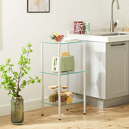 HOOBRO Glass Shelf, 3 Tier Bathroom Standing Shelf Unit, Tempered Glass Shelving Stand for Small Space, Perfume Stand Organizer, Space-Saving, for Bathroom, Bedroom, Steel Frame, Silver SV03CJ01 - size: 15"L x 11.8"W x 29.5"H