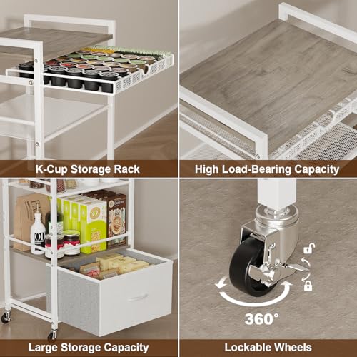 Coffee Bar Cabinet with Storage，5 Tier Coffee Station Table on Wheels, 33.6" H Cart with Drawer for Home Kitchen, Liquor Buffet Sideboard Cabinet (Modern White) - color: White