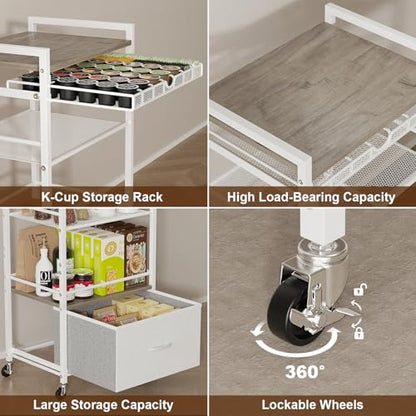 Coffee Bar Cabinet with Storage，5 Tier Coffee Station Table on Wheels, 33.6" H Cart with Drawer for Home Kitchen, Liquor Buffet Sideboard Cabinet (Modern White) - color: White