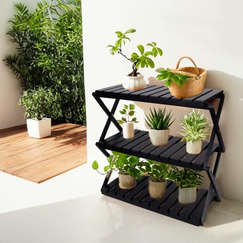 3-Tier Foldable Acacia Wood Ladder Plant Stand & Corner Rack Black | 4-tier indoor & outdoor wooden plant ladder, foldable corner design, tall plant rack, perfect for office, balcony & garden