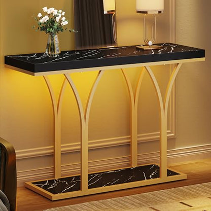 DWVO Gold LED Lit Modern 39-Inch Wide Console Table - Narrow Marble Top Foyer Furniture for Entryway, Hallway & Living Room Accent (Black)