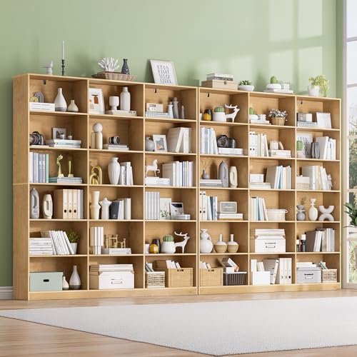 Natural Bookcase with Open Display Shelves, Large Triple Wide Bookshelf, 71.6” Tall 6 Tier Book Case for Living Room, Home Office, Library Bookshelf 2PCS - color: Natural, size: Wide 59.1 Inch-2pc