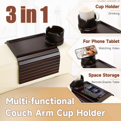 Couch Cup Holder Tray, 2 in 1 Bamboo Couch Armrest Table Clip on Sofa Armrest Table,Foldable Anti Silp Arm Rest Side Tray for Drink Coffee Mug, Snacks, Remote - color: Black Walnut