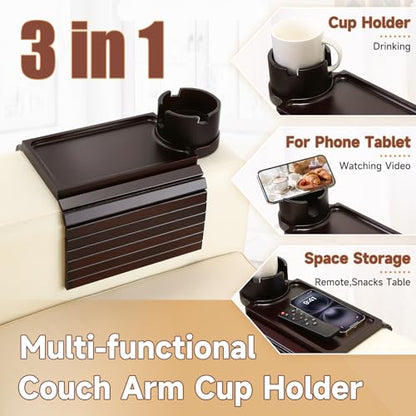 Couch Cup Holder Tray, 2 in 1 Bamboo Couch Armrest Table Clip on Sofa Armrest Table,Foldable Anti Silp Arm Rest Side Tray for Drink Coffee Mug, Snacks, Remote - color: Black Walnut