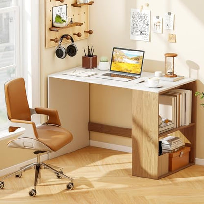 Giantex Small Desk with Bookshelf, 44 Inch Modern Computer Desk for Small Spaces, Laptop PC Desk, Vanity Table for Bedroom, Study Writing Desk for Home Office (White+Natural) - color: White+natural