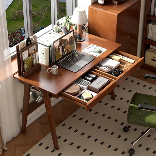 100% Solid Rubber Wood Desk Home Office Desk Mid Century Modern Writing Computer Desk with Drawer for Home Office 47" - color: Teak-rubberwood, size: 47.24"W