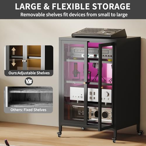 Metal Media Cabinet with 13-Color LED Lights & Swivel Wheels, 4-Tier Stereo Cabinet with Glass Doors, Adjustable Shelves AV Rack with Cable Management, Black - color: Black, style: Swivel Wheels + RGB Lights
