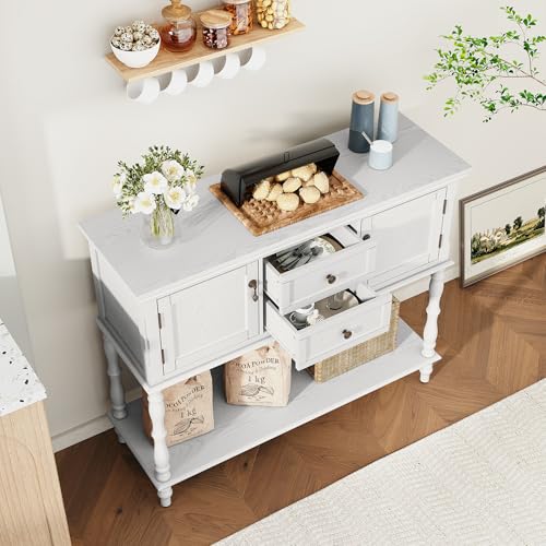 ARTPOWER Console Table with 2 Drawers, Retro Entryway Table with 2 Door | Solid Wood Veneer Entry Table, Behind Couch Sofa Table with Open Storage Shelf for Living Room, Foyer, Hallway - color: White
