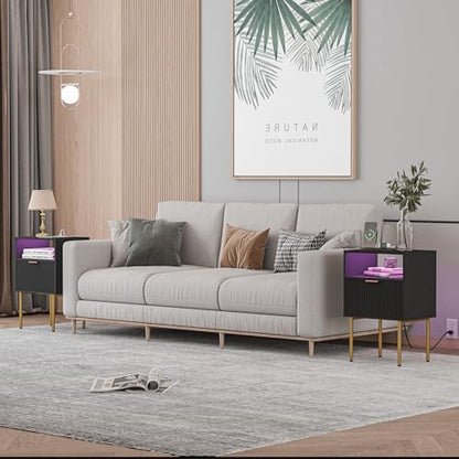 Modern Nightstand with Charging Station and LED Lights, Black Nightstand with Drawer, Fluted Nightstand for Living Room, Bedroom - color: Black