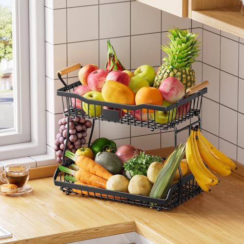 Simple Trending Fruit Basket 2-Tier Detachable, with Banana Hangers & Rust-Proof Metal Mesh, Ventilated Kitchen Organizer for Countertop, Perfect for Fruits, Vegetables, Snacks Storage - style: Fruit Bowl Black-Hanger