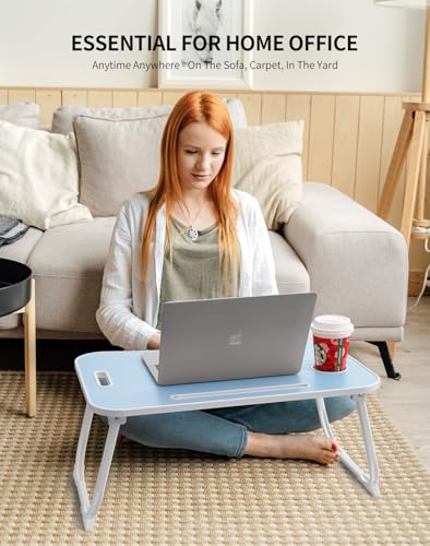 ZEAPTAC Laptop Bed Desk, Foldable Lap Desk, Portable Lap Table, Laptop Stand with Cup Holder, Tablet Slot & Lifting Handle for Work, Write, Draw & Eat on Bed, Sofa or Couch - Blue