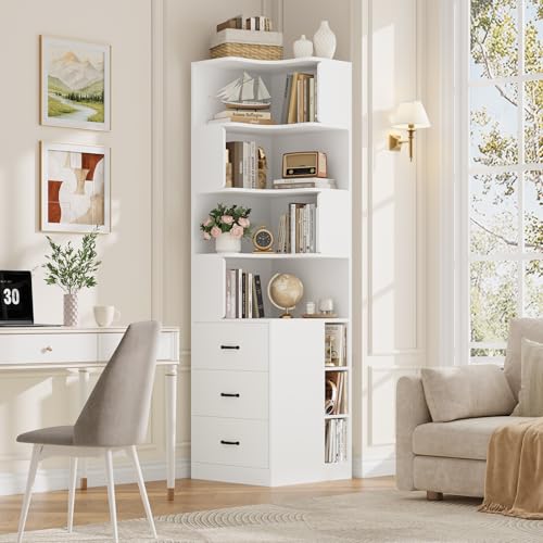FACBOTALL 76.8” Corner Bookshelf with 3 Drawers and 3 Side Storage Cubbies, L Shaped Tall Bookshelf and Bookcase, 4 Tier Corner Bookcase, Wood Narrow Book Shelf for Living Room, Office, White - color: White