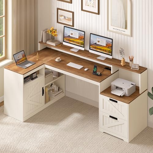 TVU Farmhouse L Shaped Desk with Drawers, 62.2" Home Office Desk with Storage Shelves and Power Outlet, L Shaped Computer Desk with Monitor Stand and Printer Shelf, Brown and White - color: Brown and White