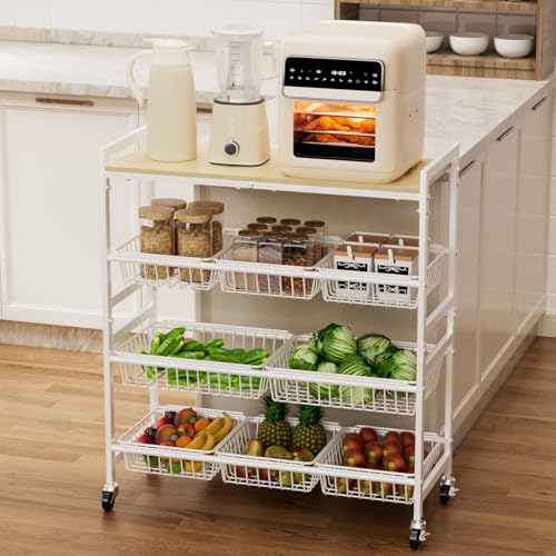Cinati 4-Tier Utility Kitchen Cart with Wood Top, 29" W Kitchen Storage Cart with 8 Baskets & Handle, Metal Snack Cart with Wheels, Adjustable Pantry Organizer and Storage Cart for Fruit, Vegetables - color: White, size: 4 Tier (with Wood Top)