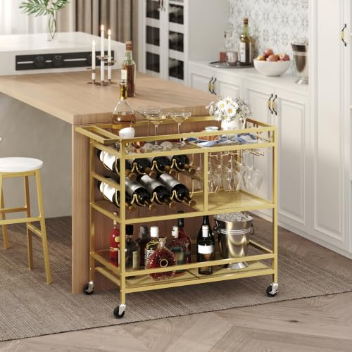 MAHANCRIS Bar Cart for Home, 3-Tier Serving Cart with Wheels and Handle, Beverage Cart with Wine Rack and Glass Holders, Rolling Wine Cart for Kitchen, Dining Room, Gold RCGD81B01 - size: 31.7''L x 15.7''W x 34.6''H