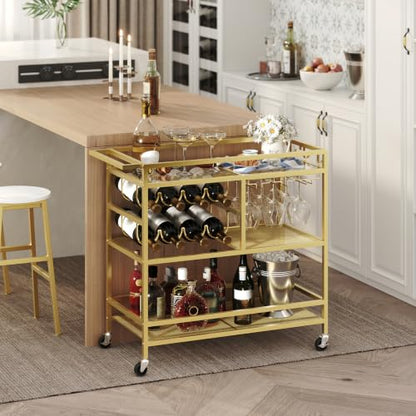 MAHANCRIS Bar Cart for Home, 3-Tier Serving Cart with Wheels and Handle, Beverage Cart with Wine Rack and Glass Holders, Rolling Wine Cart for Kitchen, Dining Room, Gold RCGD81B01 - size: 31.7''L x 15.7''W x 34.6''H