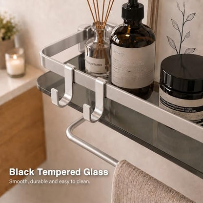 VOLPONE Glass Shelf for Bathroom 15.7 in Bathroom Shelves with Towel Bar Tempered Glass Shelves with 4 Removable Hooks for Wall（2 Tier） - style: 2 tier with towel bar-silver