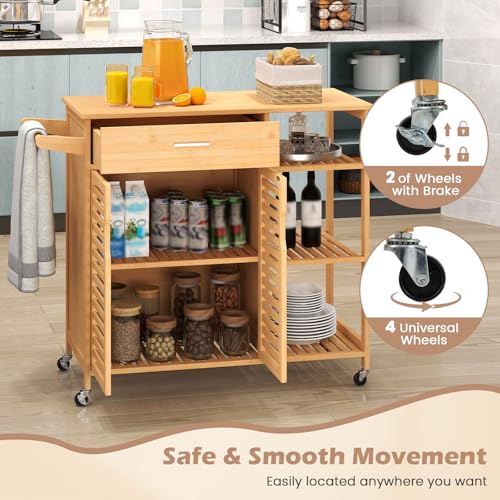 Bamboo Kitchen Island Cart with Storage, Rolling Butcher Block | Large Drawer, 2-Door Cabinet, 3-Tier Open Shelves, Towel Rack, Wheels Included; For Dining Room, Apartment, Small Spaces - size: 41”Lx16”Wx35”H