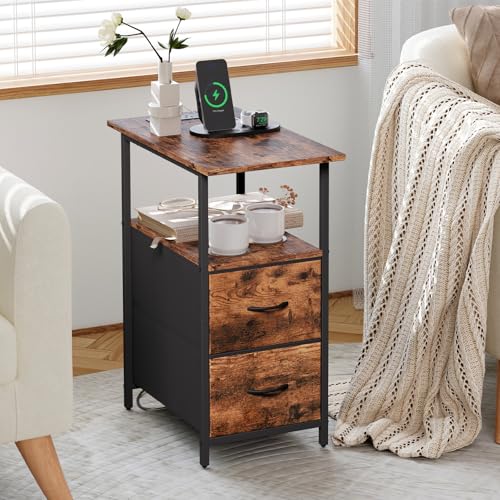 Somdot End Table with Charging Station, Narrow Side Table with 2 Fabric Drawers, Skinny Nightstand with Storage, Small Slim Bedside Table for Living Room, Sofa, Bedroom, Couch, Wood Grain Print - color: Wood Grain Print
