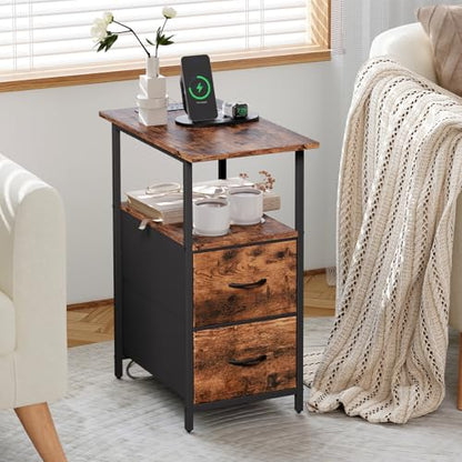 Somdot End Table with Charging Station, Narrow Side Table with 2 Fabric Drawers, Skinny Nightstand with Storage, Small Slim Bedside Table for Living Room, Sofa, Bedroom, Couch, Wood Grain Print - color: Wood Grain Print