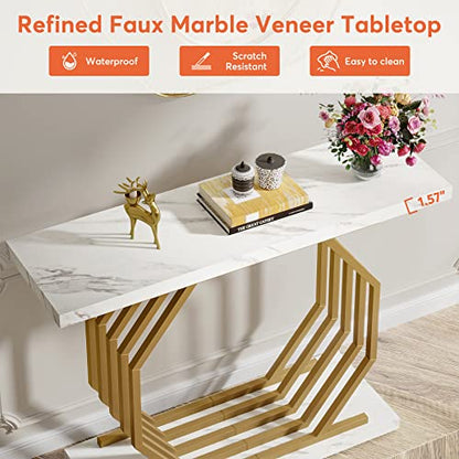 Tribesigns Gold Console Table, Faux Marble Entryway Table Narrow Sofa with Geometric Metal Base, 40 Inch Modern Accent Entrance for Living Room, Hallway, Foyer, White and Gold - color: White