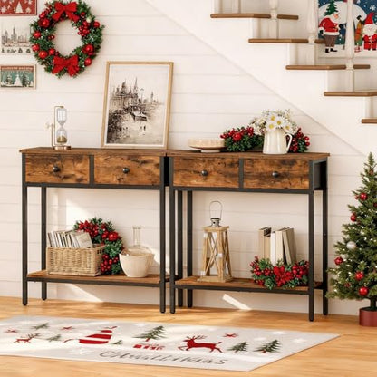 HOOBRO 29.5" Narrow Console Table with 2 Fabric Drawers, Small Entryway Table with 2-Tier Storage Shelves, Sofa Table, Behind Couch Table, for Living Room, Hallway, Rustic Brown and Black BF71XG01 - color: Rustic Brown and Black