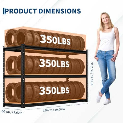 3-Tier Storage Shelving Unit, 60" W x 24" D x 36" H, Carbon Steel Utility Shelves, 1500 lbs Load Capacity, Adjustable Metal Freestanding Garage Shelf for Pantry, Basement, Warehouse, Heavy Duty