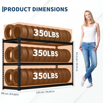3-Tier Storage Shelving Unit, 60" W x 24" D x 36" H, Carbon Steel Utility Shelves, 1500 lbs Load Capacity, Adjustable Metal Freestanding Garage Shelf for Pantry, Basement, Warehouse, Heavy Duty