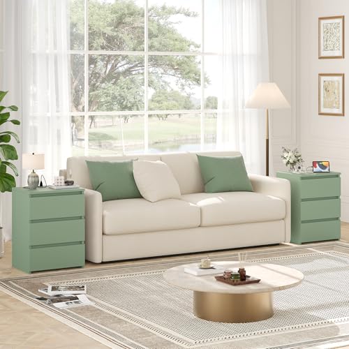 Keyluv 3 Drawers Nightstand Set of 2 with Charging Station, Modern Bedside Table with USB Ports, Sofa Side Table Night Stand with Storage, Sturdy End Table for Bedroom/Living Room/Home Office, Green - color: Green