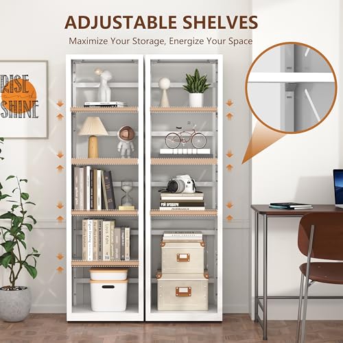 Polup Book Shelf, 5 Tier Metal Bookcase with Adjustable Shelves, Tall Narrow Bookshelf with Bookends, White Display Shelves for Living Room, Home Office, Library - color: White, size: 5 Tier-16" W