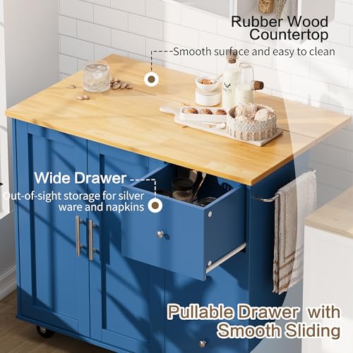 SUNLEI Kitchen Island on Wheels with Storage Cabinet & Foldable Drop Leaf, Rolling Kitchen Table, Cart Handle for Towel Rack, Drop Leaf, Portable Islands for Kitchen (Classic Blue, 39.7-INCH) - size: 39.7 INCH, style: Blue