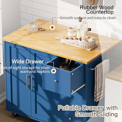 SUNLEI Kitchen Island on Wheels with Storage Cabinet & Foldable Drop Leaf, Rolling Kitchen Table, Cart Handle for Towel Rack, Drop Leaf, Portable Islands for Kitchen (Classic Blue, 39.7-INCH) - size: 39.7 INCH, style: Blue