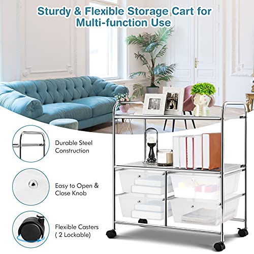 GOFLAME 4-Drawer Rolling Storage Cart with 2 Shelves, Mobile Utility Cart with Removable Drawers and Metal Frame, Art Craft Drawer Cart with Lockable Wheels for Home, Office, School, Studio, Clear - color: Clear