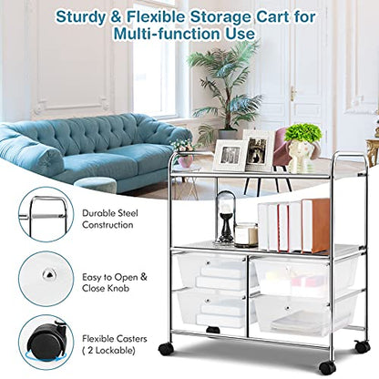 GOFLAME 4-Drawer Rolling Storage Cart with 2 Shelves, Mobile Utility Cart with Removable Drawers and Metal Frame, Art Craft Drawer Cart with Lockable Wheels for Home, Office, School, Studio, Clear - color: Clear