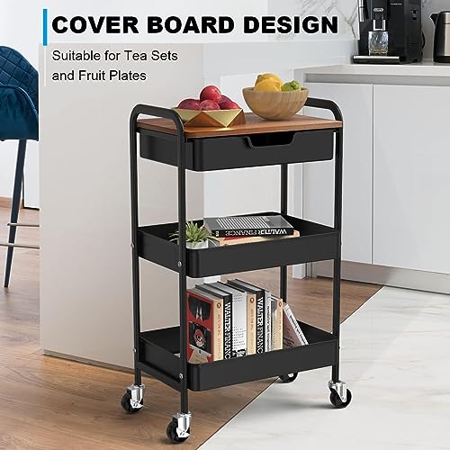 3 Tier Rolling Cart with Drawer, Metal Utility Cart with Table Top | Storage Cart with Locking Wheels, Kitchen Cart Art Cart Organizer for Bathroom, Office, Balcony, Living Room, Classroom - color: Black