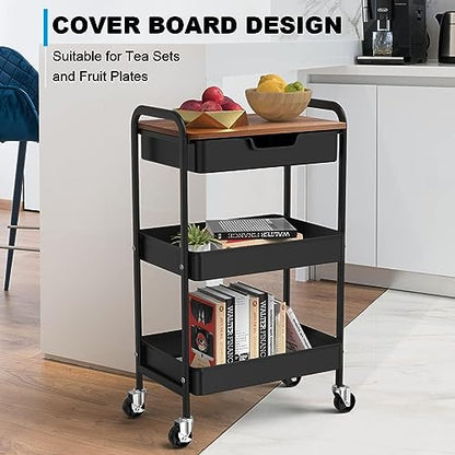 3 Tier Rolling Cart with Drawer, Metal Utility Cart with Table Top | Storage Cart with Locking Wheels, Kitchen Cart Art Cart Organizer for Bathroom, Office, Balcony, Living Room, Classroom - color: Black