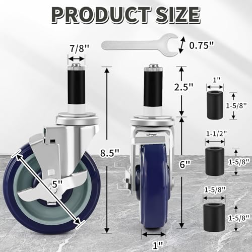 Besitu 5 Inches Prep Table Wheels Set of 4, Expanding Stem Casters Fit for 7/8", 1", 1-1/2" and 1-5/8" Tube Leg for Stainless Steel Table, Cart, Furniture Legs, Commercial Kitchen Appliances - style: 5 Inch