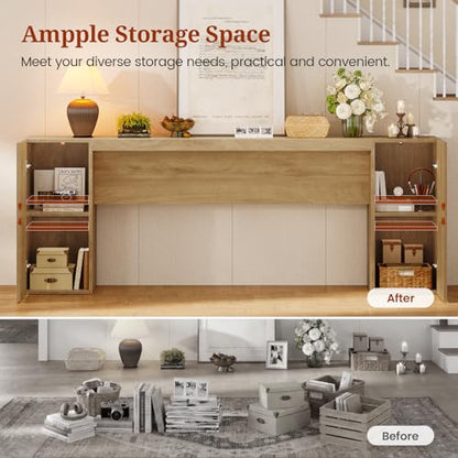 70.9-Inch Extra Long Console Table with 2 Storage Cabinet, Wood Sofa Table Behind Couch, Accent Entryway Table with Double Base for Living Room Hallway Foyer Entrance (Natural Oak)