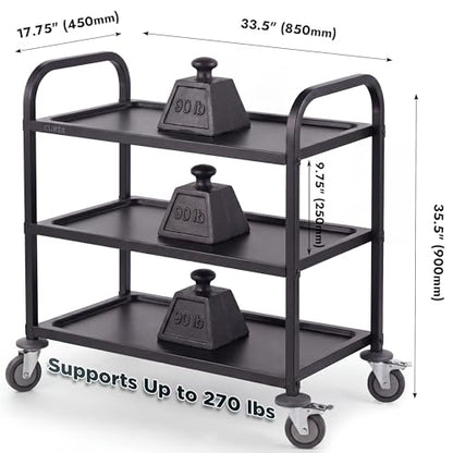 CURTA Black Stainless Steel Serving Cart, 3-Tier Rolling Utility Trolley (34"x18"x36"), Heavy Duty Painted Kitchen Cart on Wheels with Brakes, Commercial Grade for Restaurant, Hotel, Salon & Lab - color: L(black): 34''(l) X 18''(w) X 36''(h)