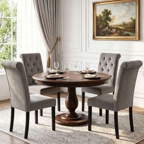 LSSBOUGHT Upholstered Dining Chairs Set of 4,Tufted Parsons Kitchen Chair with Solid Wood Legs, Modern Towel Fabric Side Chair for Dining Room/Restaurant(4pcs,Gray) - color: Gray-fabric, size: Set of 4