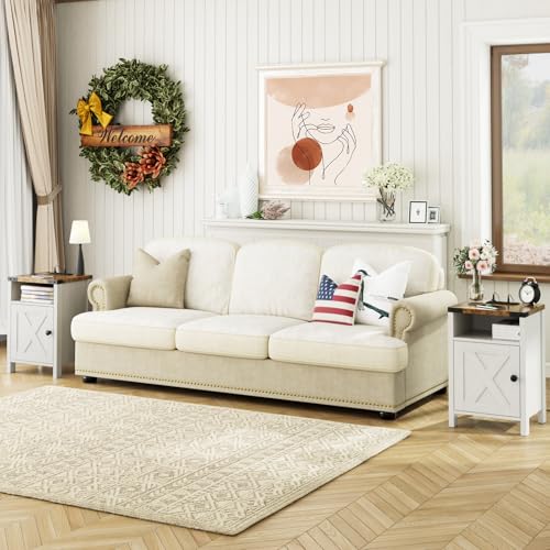 Fameill Farmhouse End Tables Set of 2, Modern White | Nightstands with Charging Station, Bedside Tables with Barn Door and Open Compartment, Rustic Living Room Side Table