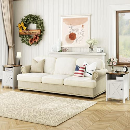 Fameill Farmhouse End Tables Set of 2, Modern White | Nightstands with Charging Station, Bedside Tables with Barn Door and Open Compartment, Rustic Living Room Side Table