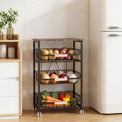 JAQ Fruit Vegetables Carts, 4-Tier Slide Out Metal Storage Baskets Stand Organizers with Wood Top and Handle on Rolling Wheels for Onions in Kitchen Pantry Fruteros para Cocina -(Black, 4 Layer) - color: 4-tier/Black